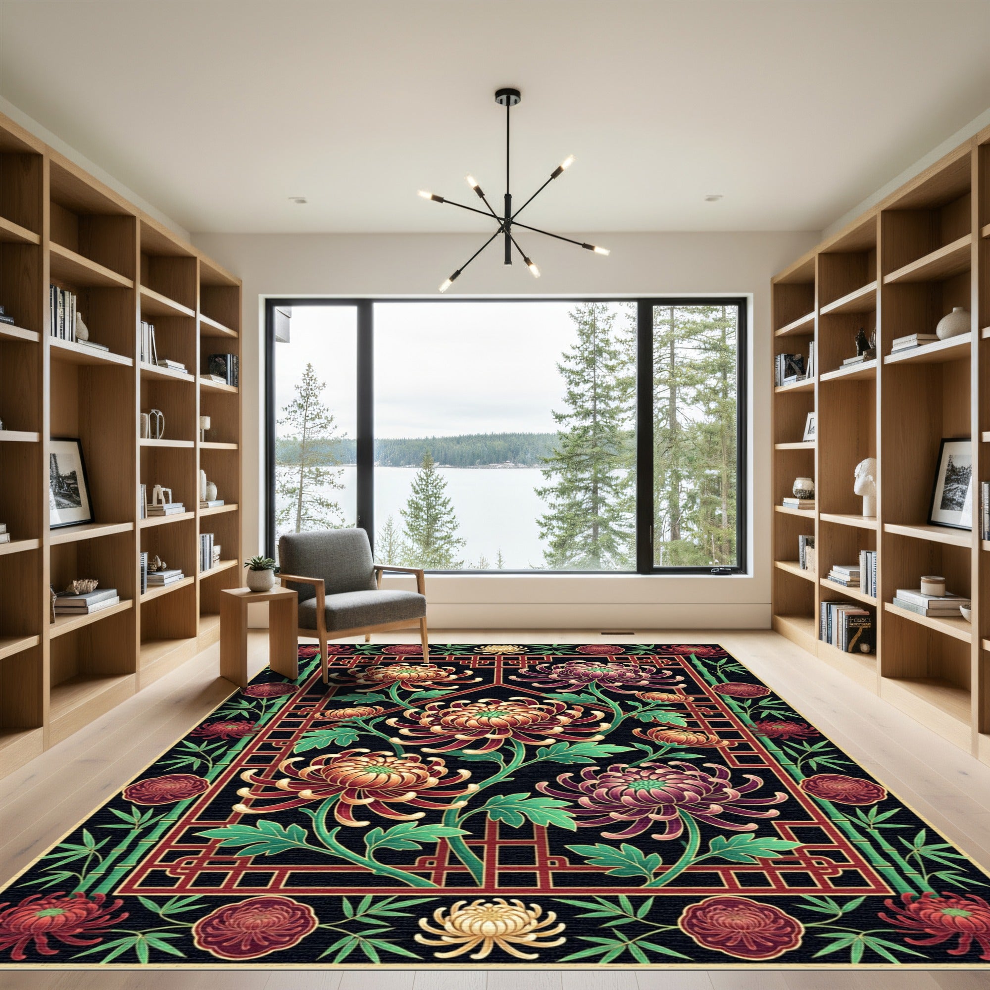 Elegant Crimson Chrysanthemum Bamboo Floral Art Rug