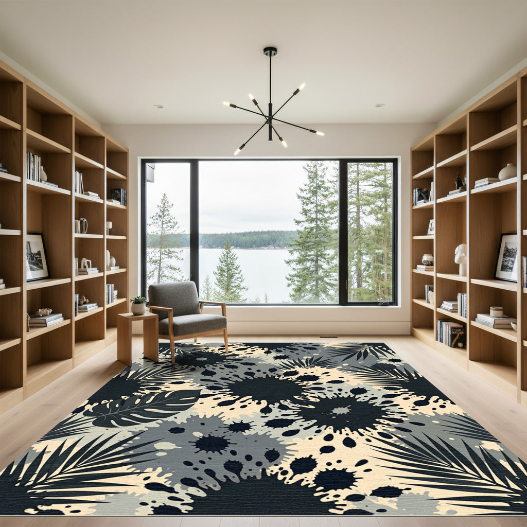 Monochrome Tropical Ink Splash Foliage Rug