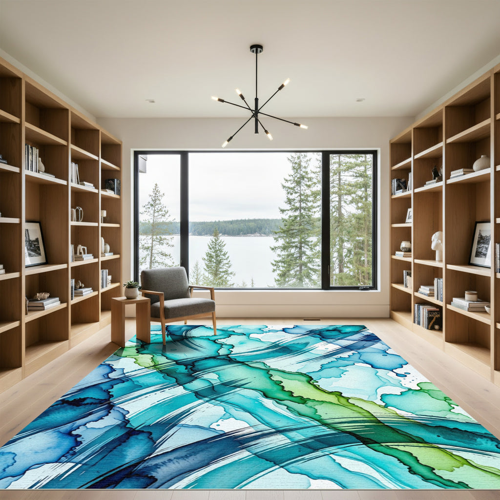 Ethereal Teal and Lime Fluid Wave Rug