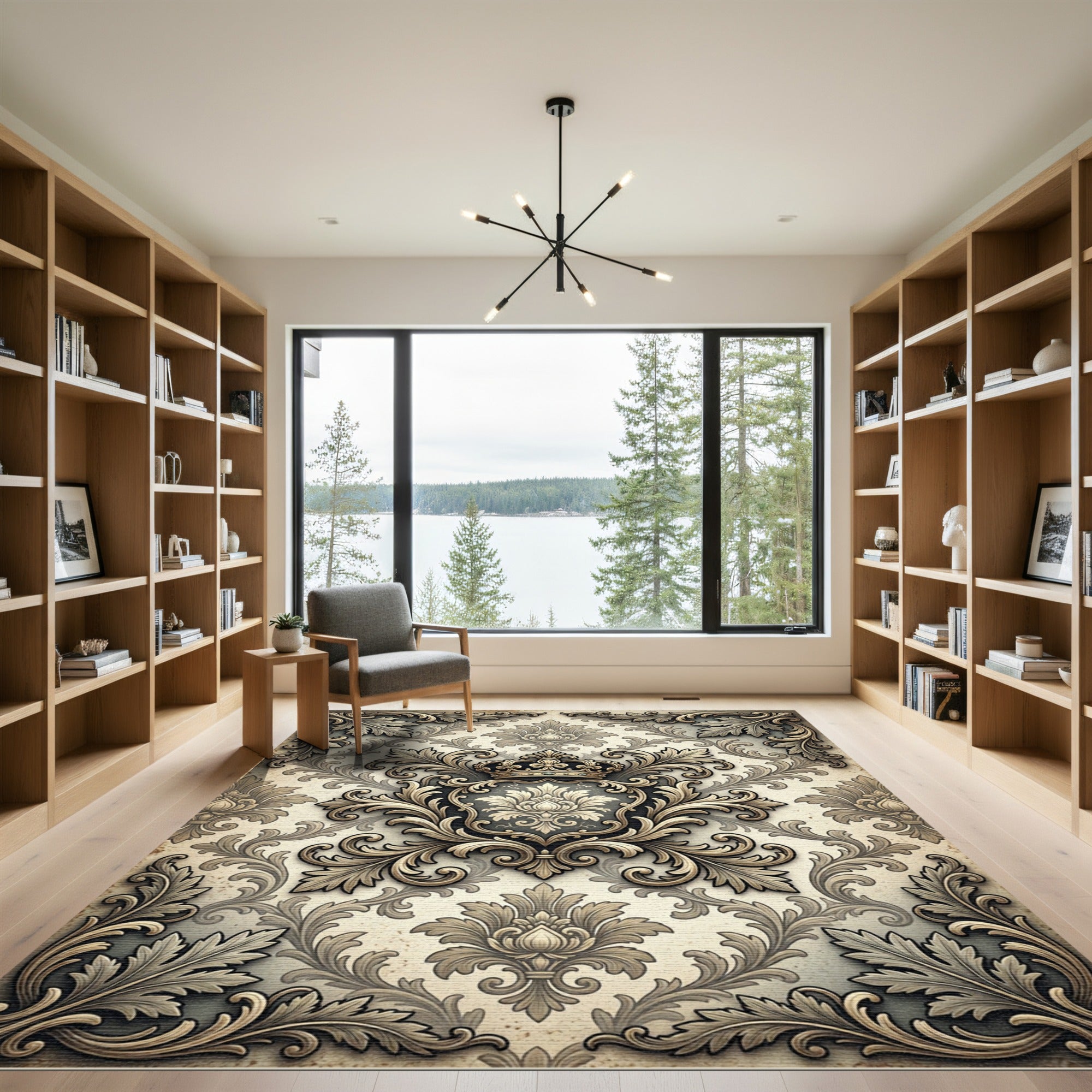 Elegant Gold Damask Crown Crest Rug