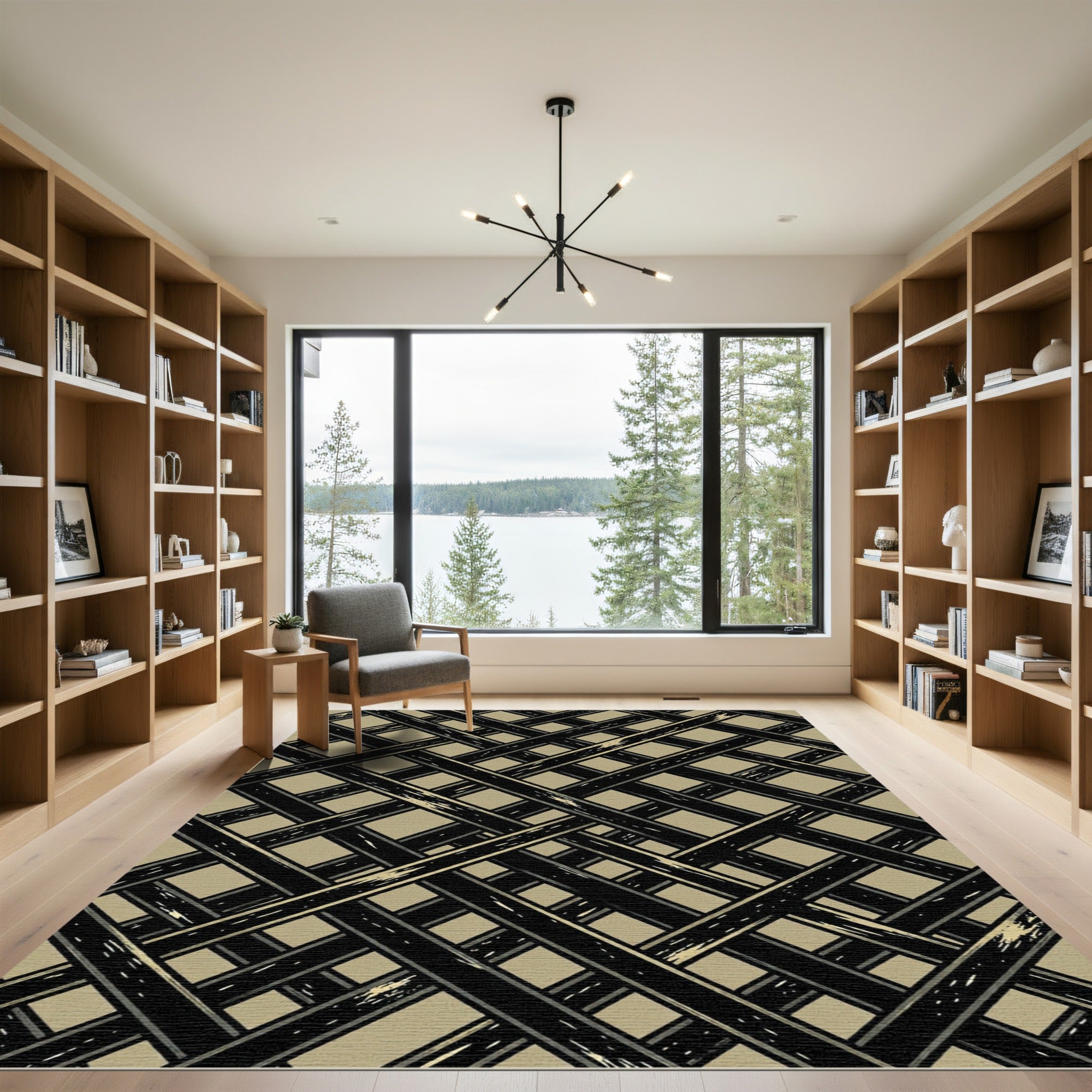 Taupe and Black Intersecting Grid Lattice Rug