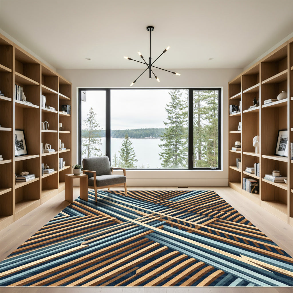 Tan Blue Crossed Beams Rug
