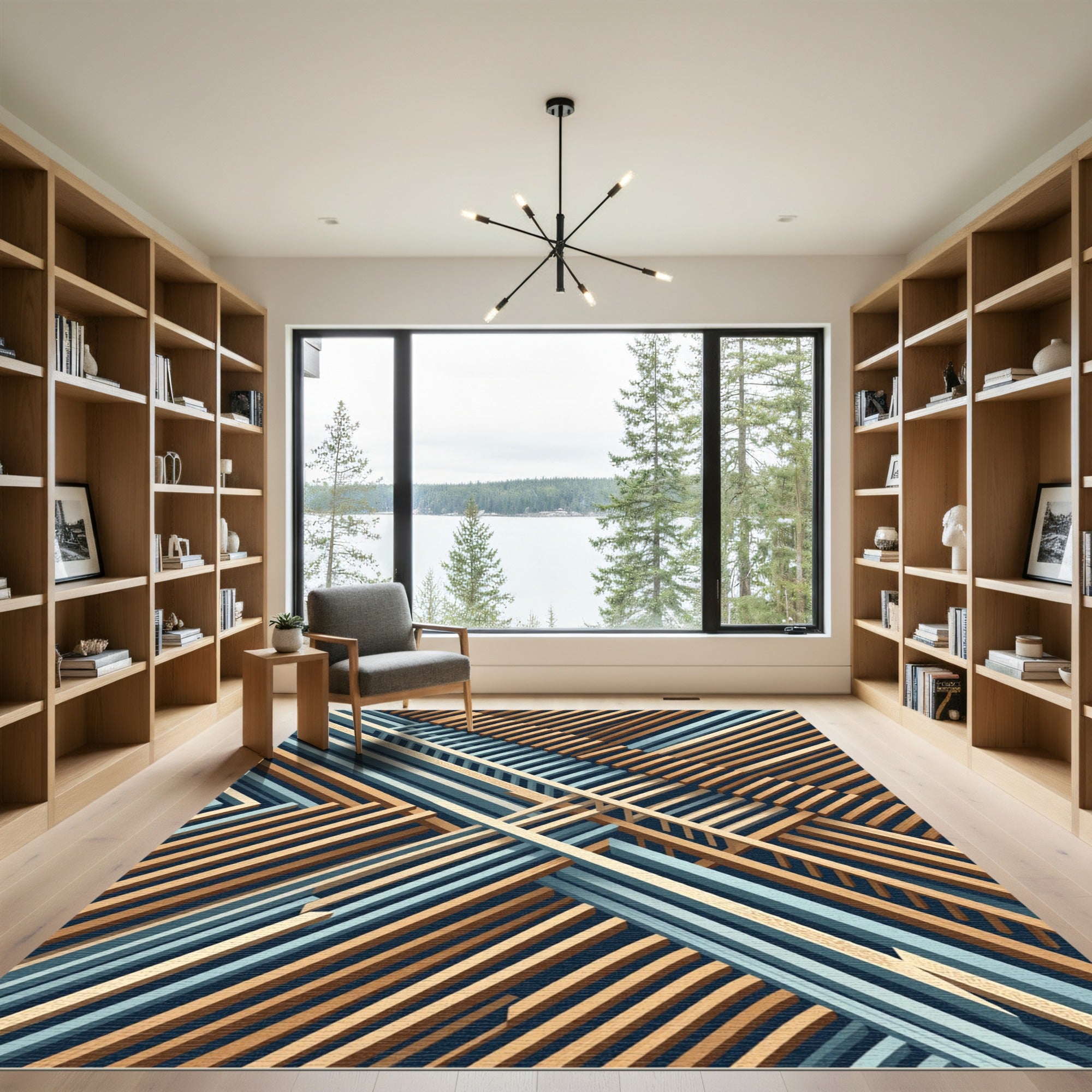 Tan Blue Crossed Beams Rug
