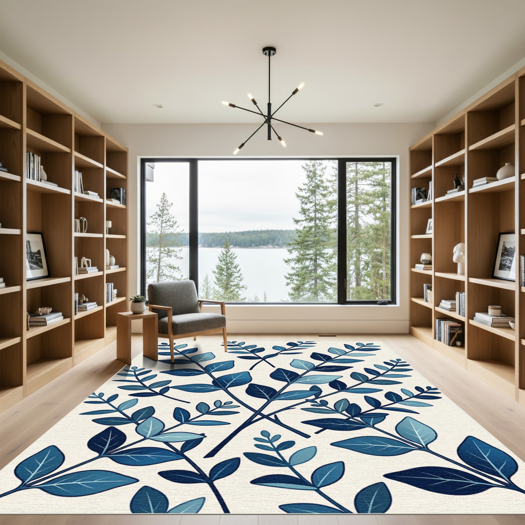 Deep Blue Leafy Branches Repeating Scene Rug