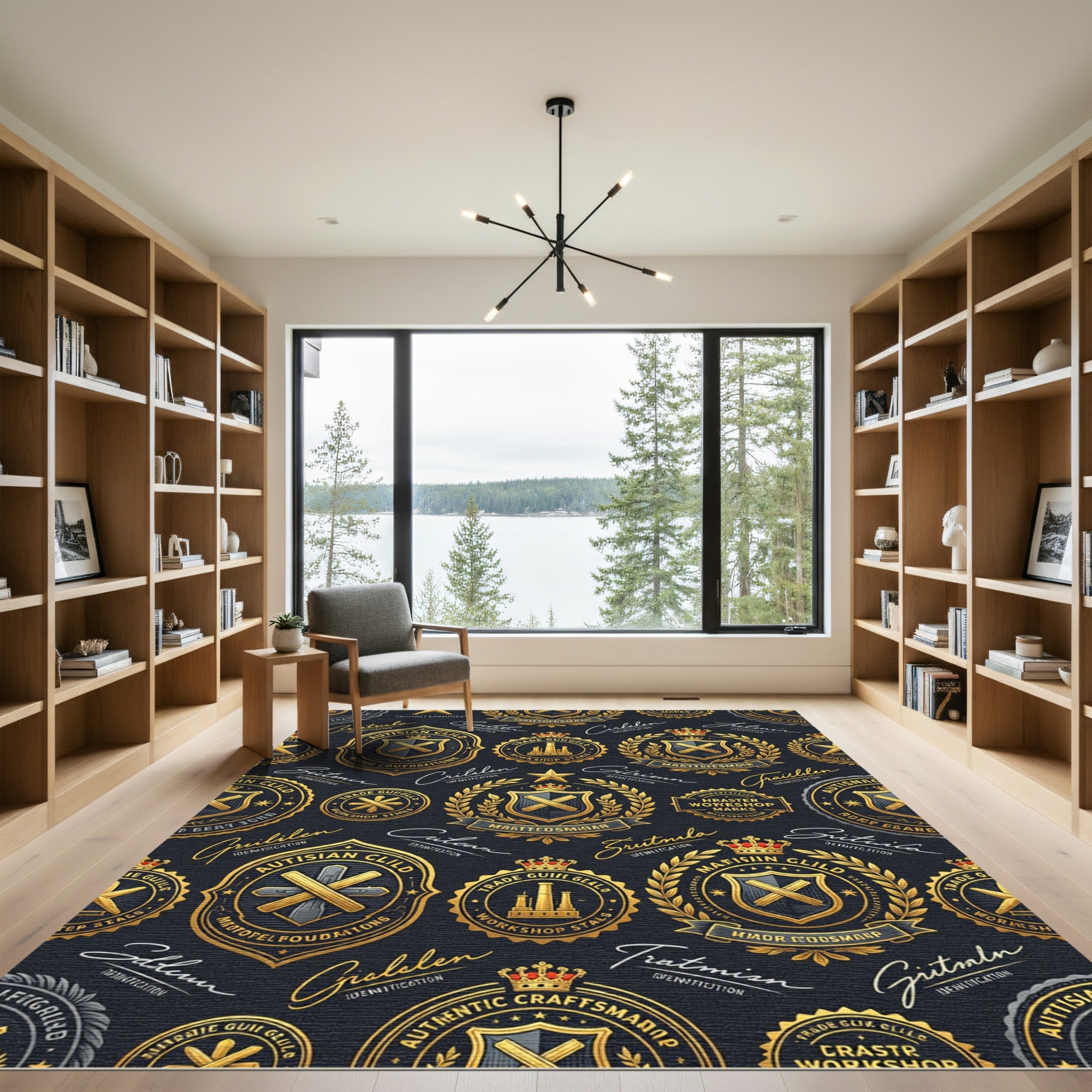 Gold Crest Heraldic Emblem Navy Wallpaper Rug