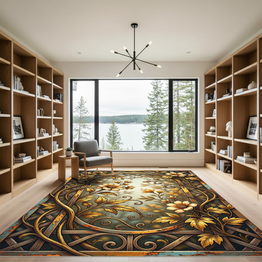 Gilded Golden Floral Trellis Scroll Rug