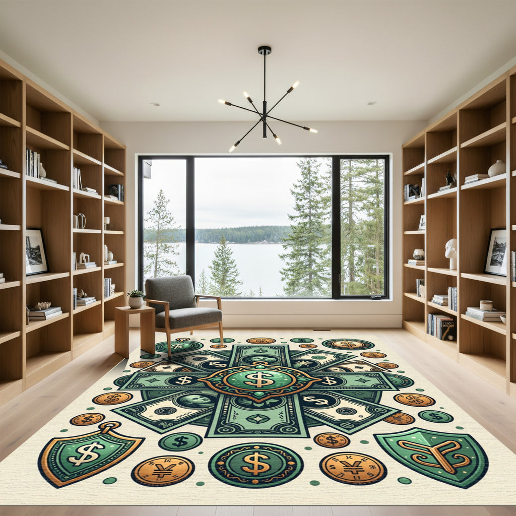 Emerald Golden Wealth Currency Emblem Medallion Rug