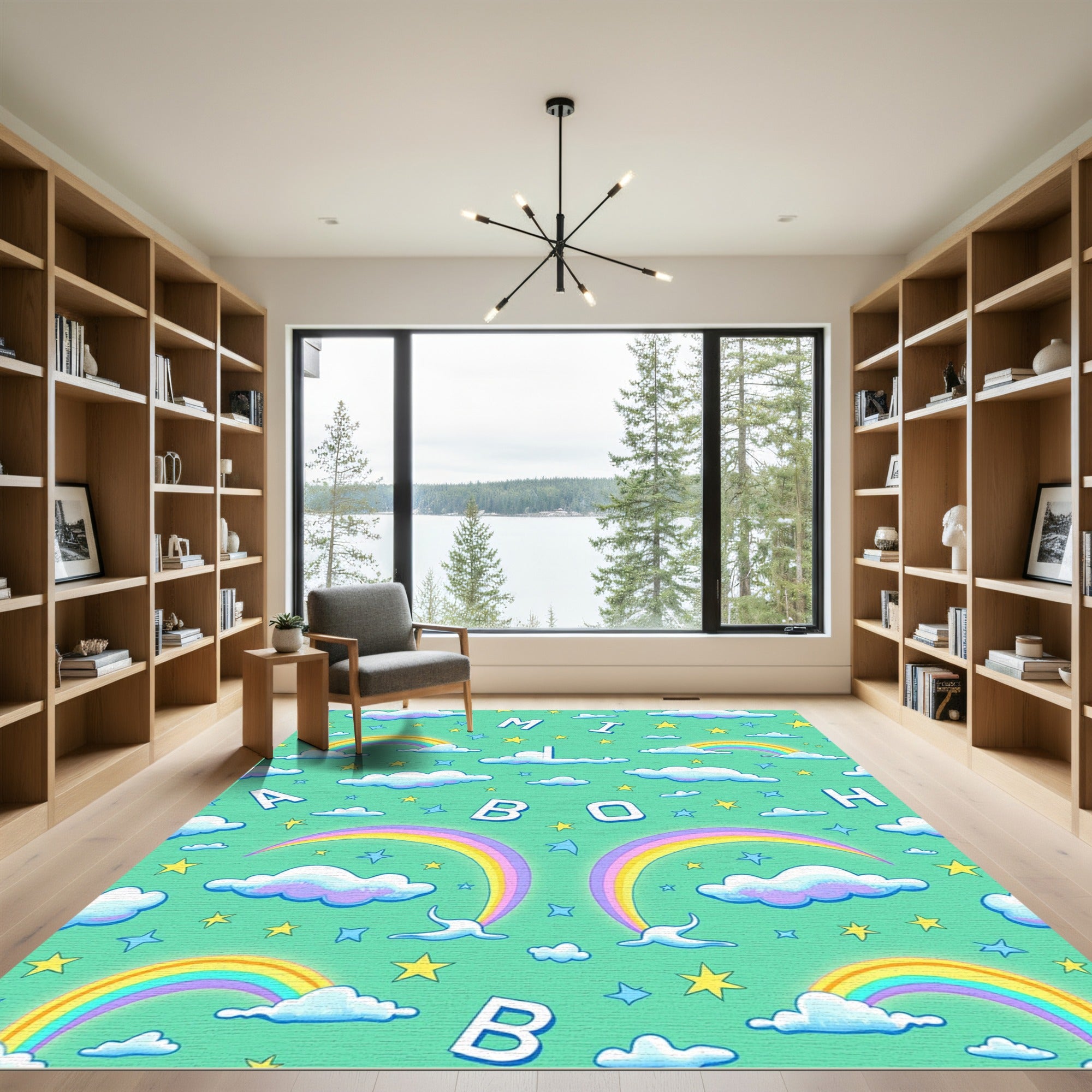 Whimsical Rainbow Clouds Stars Alphabet Rug