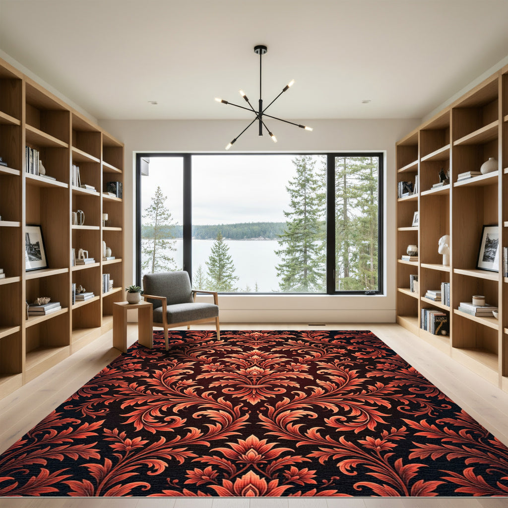 Rich Orange Damask Scrollwork Aubergine Rug