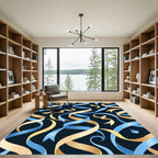 Modern Gold and Blue Ribbon Swirl Rug
