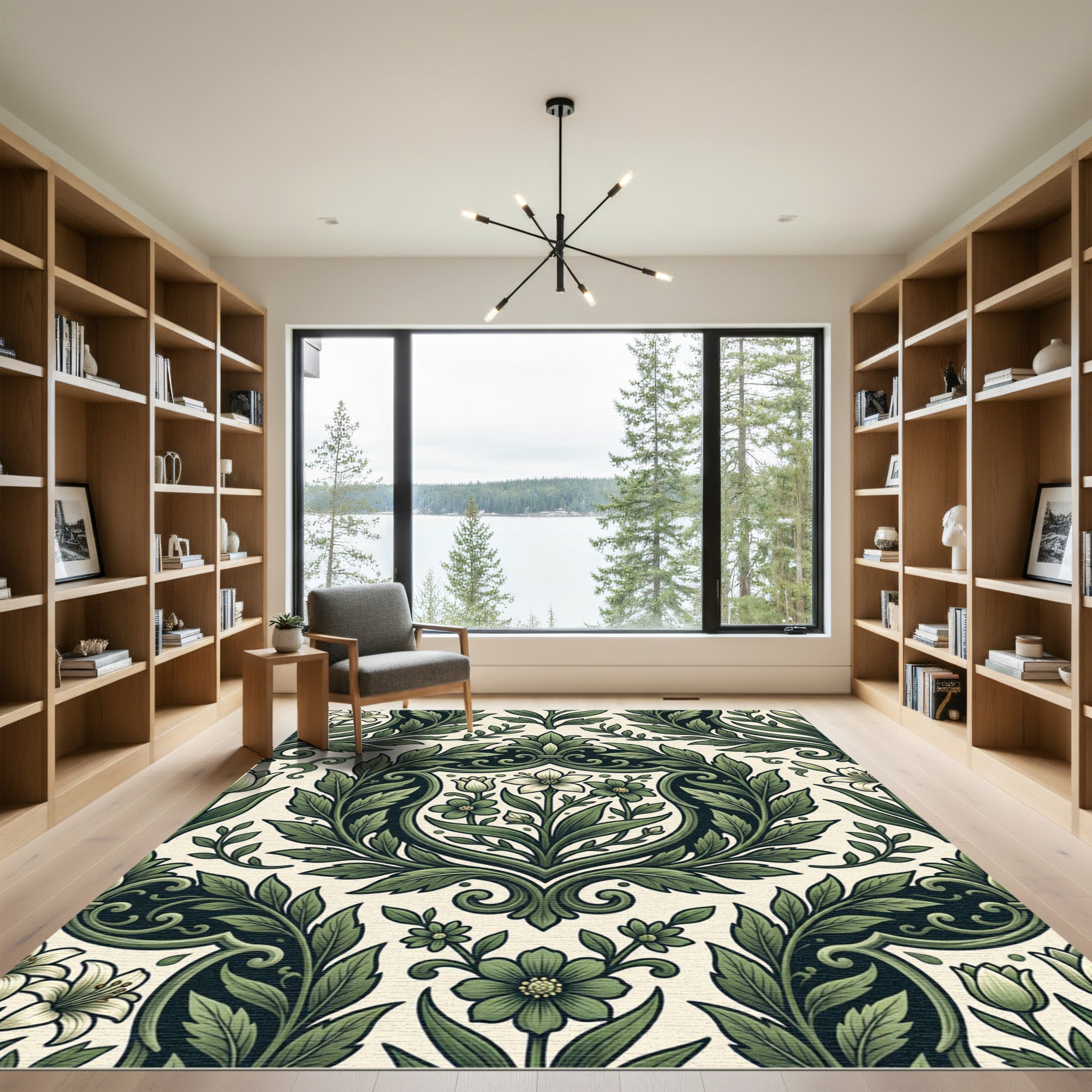 Sage Green Botanical Lily Damask Rug