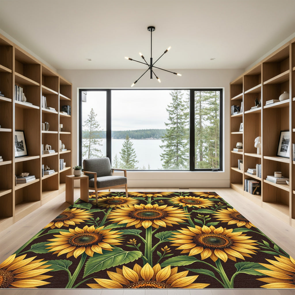 Golden Sunflower Field Botanical Art Rug
