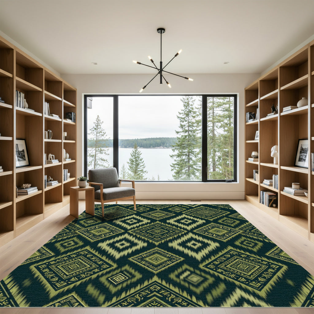 Olive Green Ethnic Ikat Diamond Rug