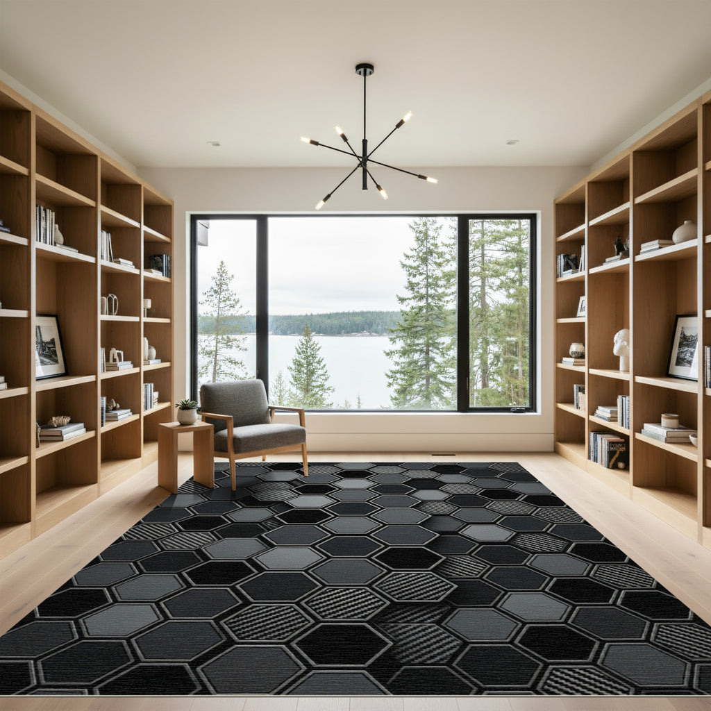Dark Monochrome Hexagonal Grid Rug