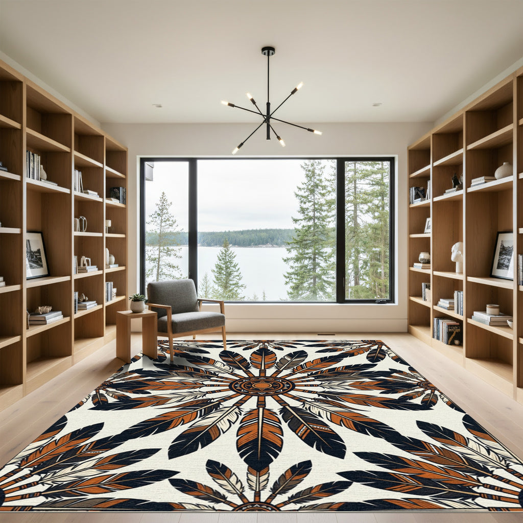 Native Earthy Feather Mandala Medallion Rug