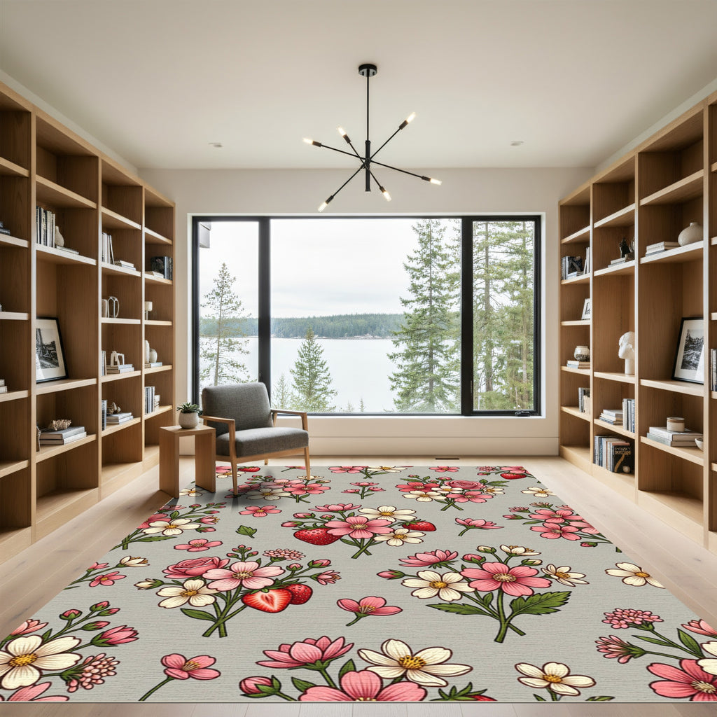 Whimsical Pink Strawberry Floral Bouquet Rug