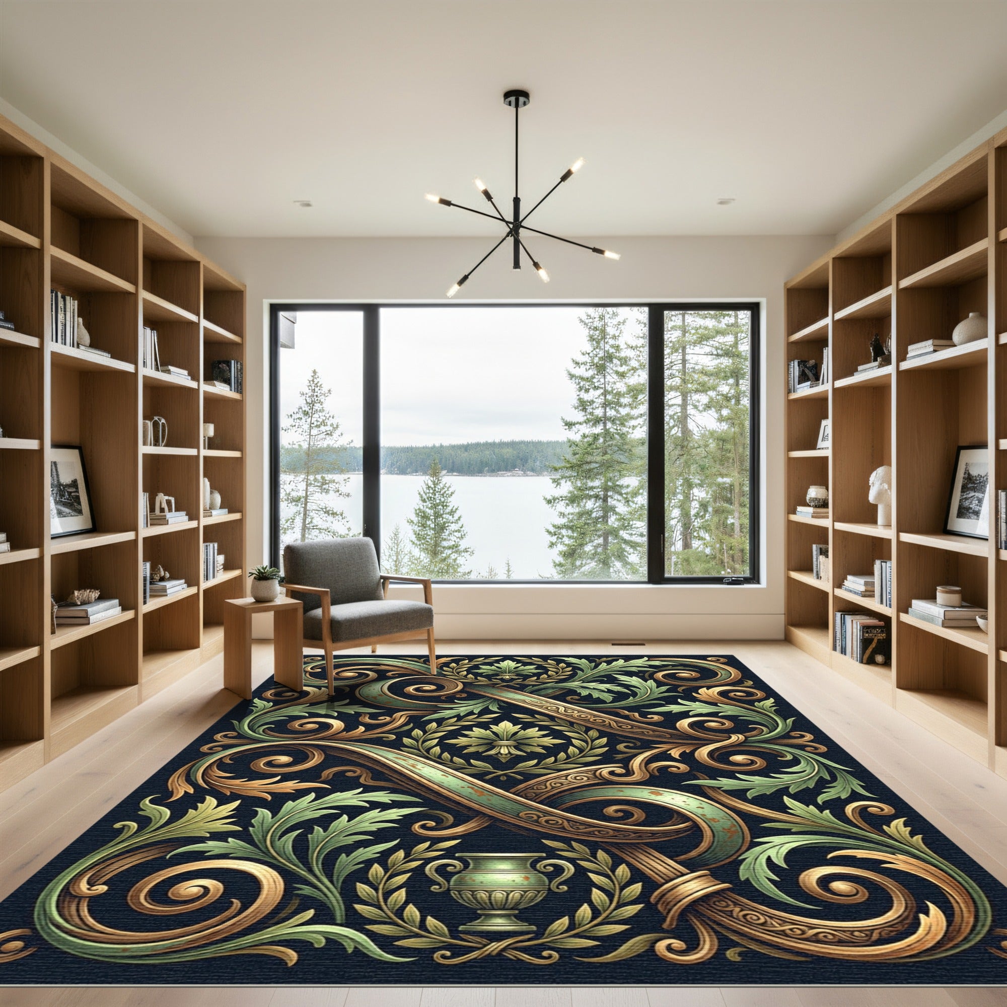 Ornate Green Gold Foliage Scroll Rug