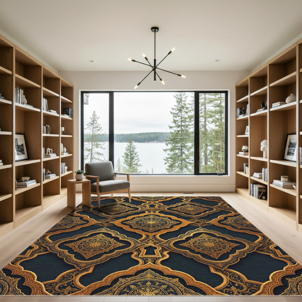 Ornate Gold Filigree Embossed Medallion Rug