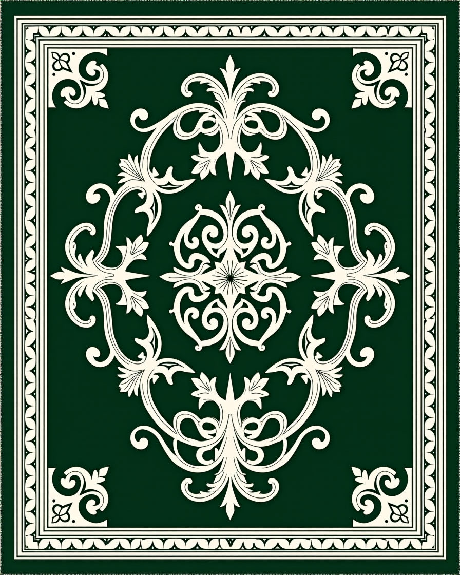 Elegant Cream Scrollwork on Deep Green Rug