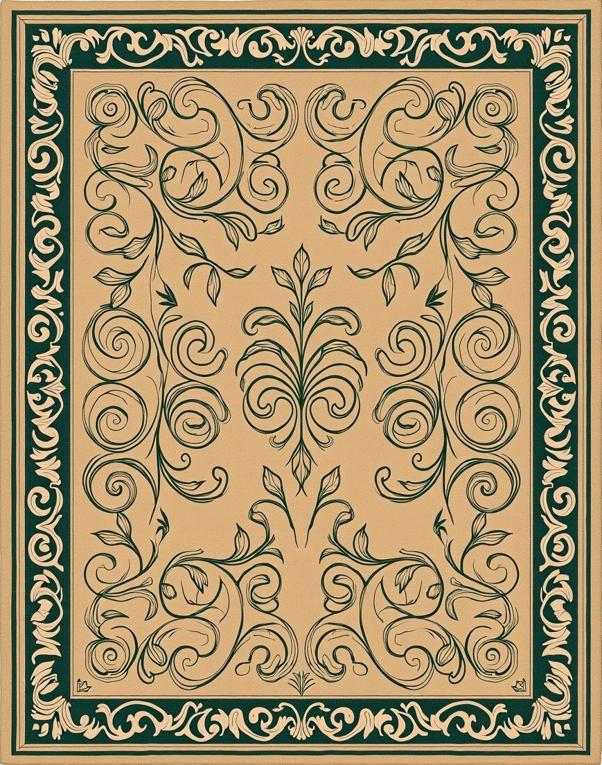 Elegant Green Floral Scrollwork Design Rug