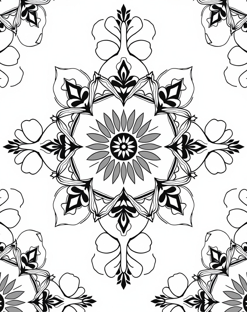 Monochromatic Floral Medallion Pattern Rug