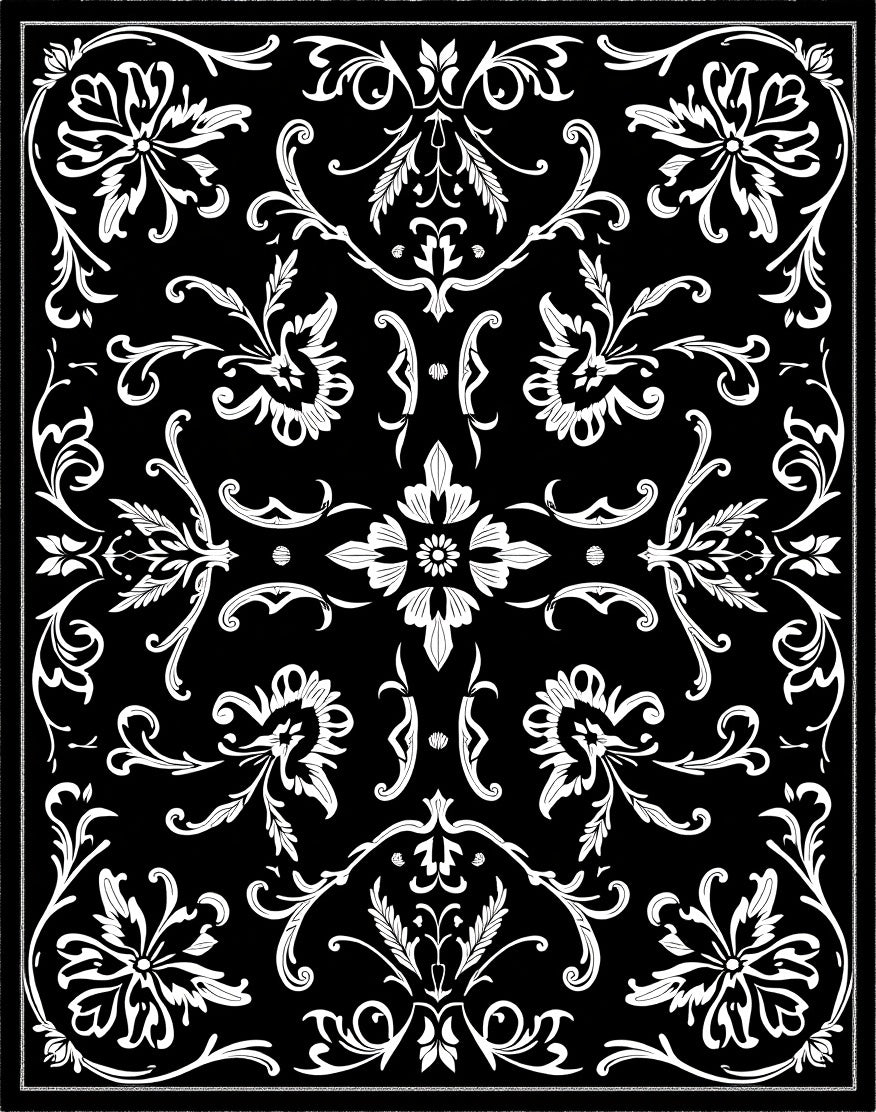 Black White Floral Damask Pattern Rug