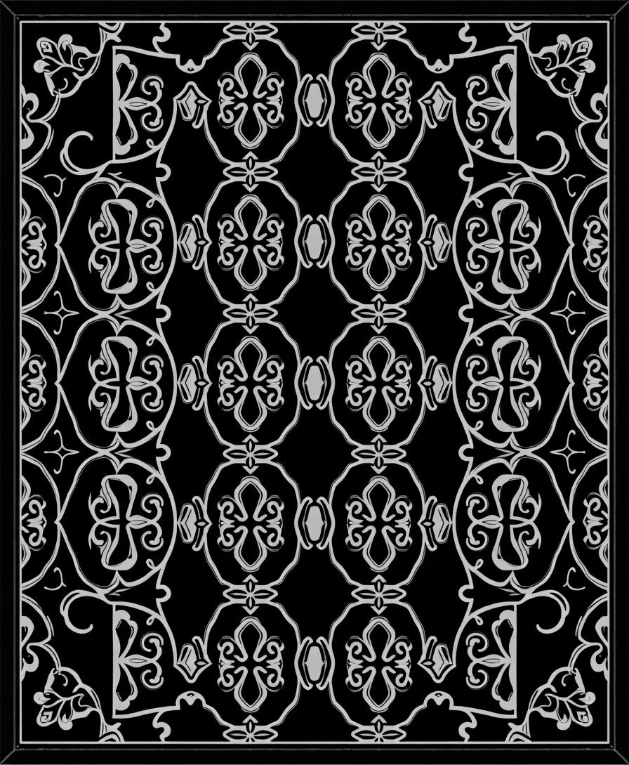 Ornate Black Gray Floral Pattern Rug