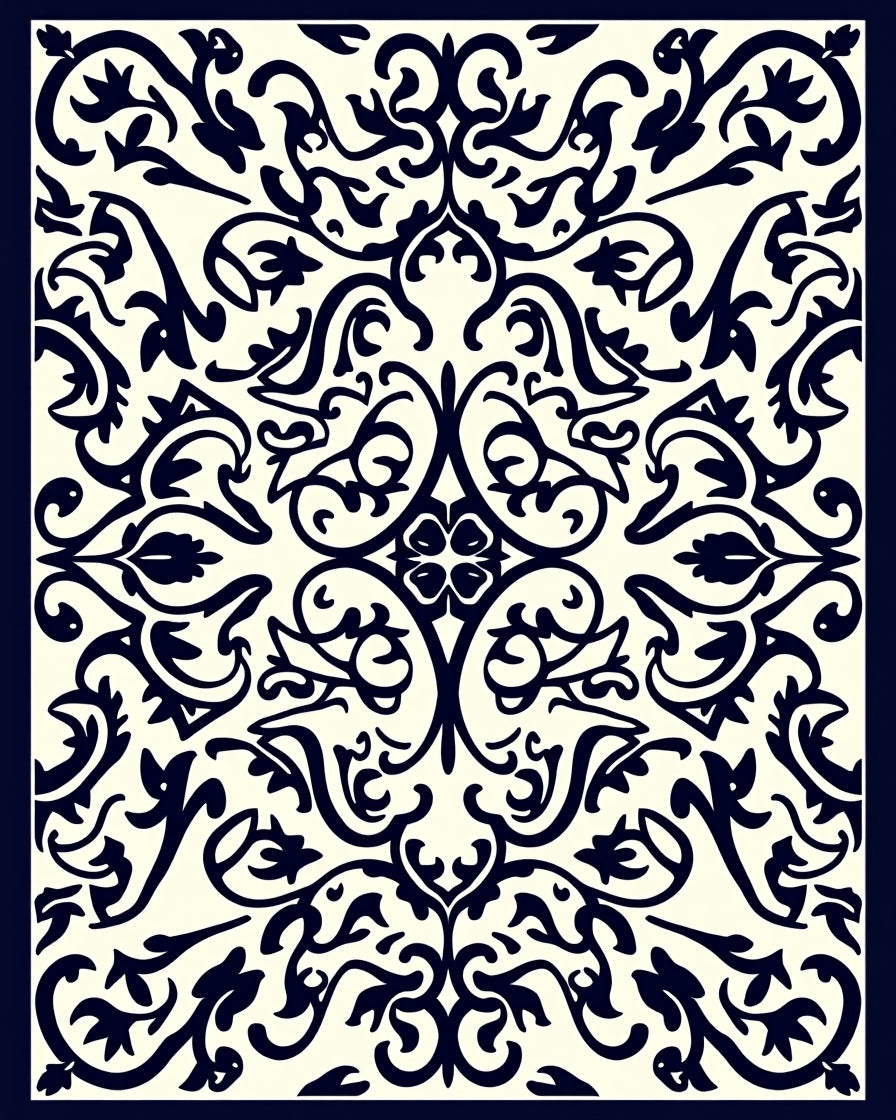 Navy Ivory Ornate Floral Vine Pattern Rug