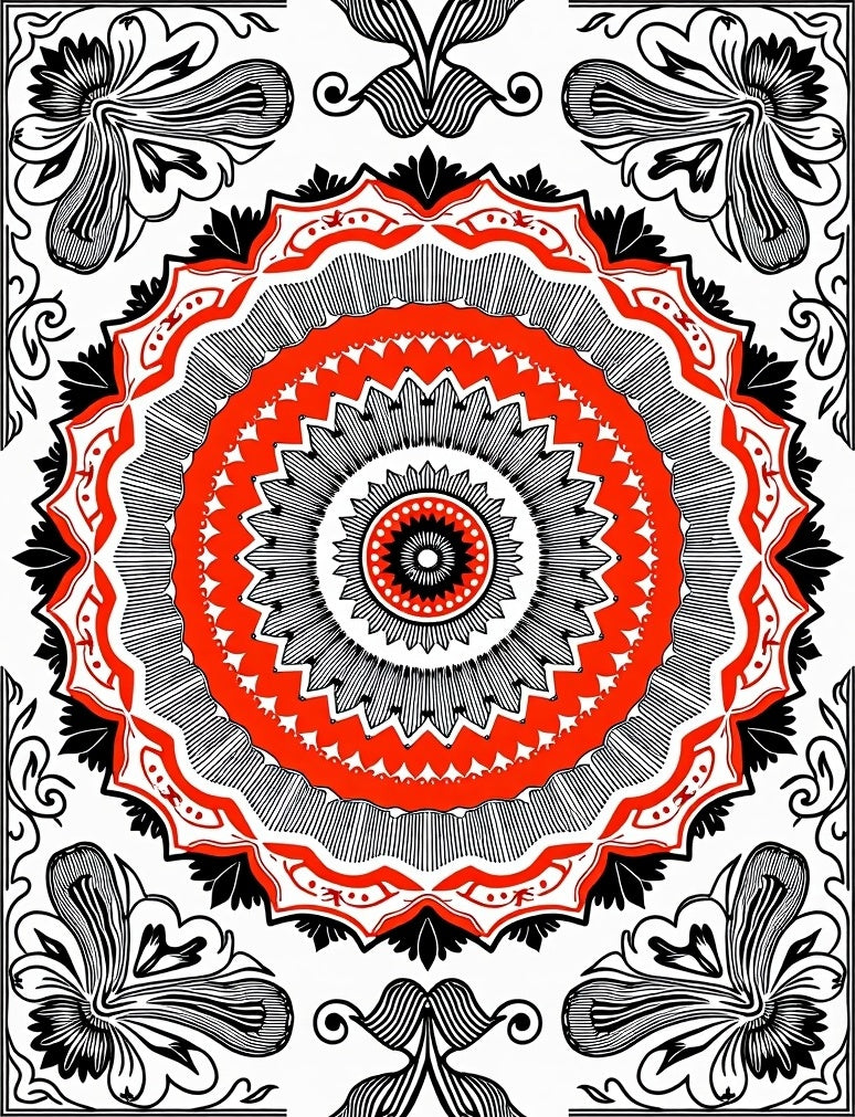 Bold Red Black Radial Floral Design Rug