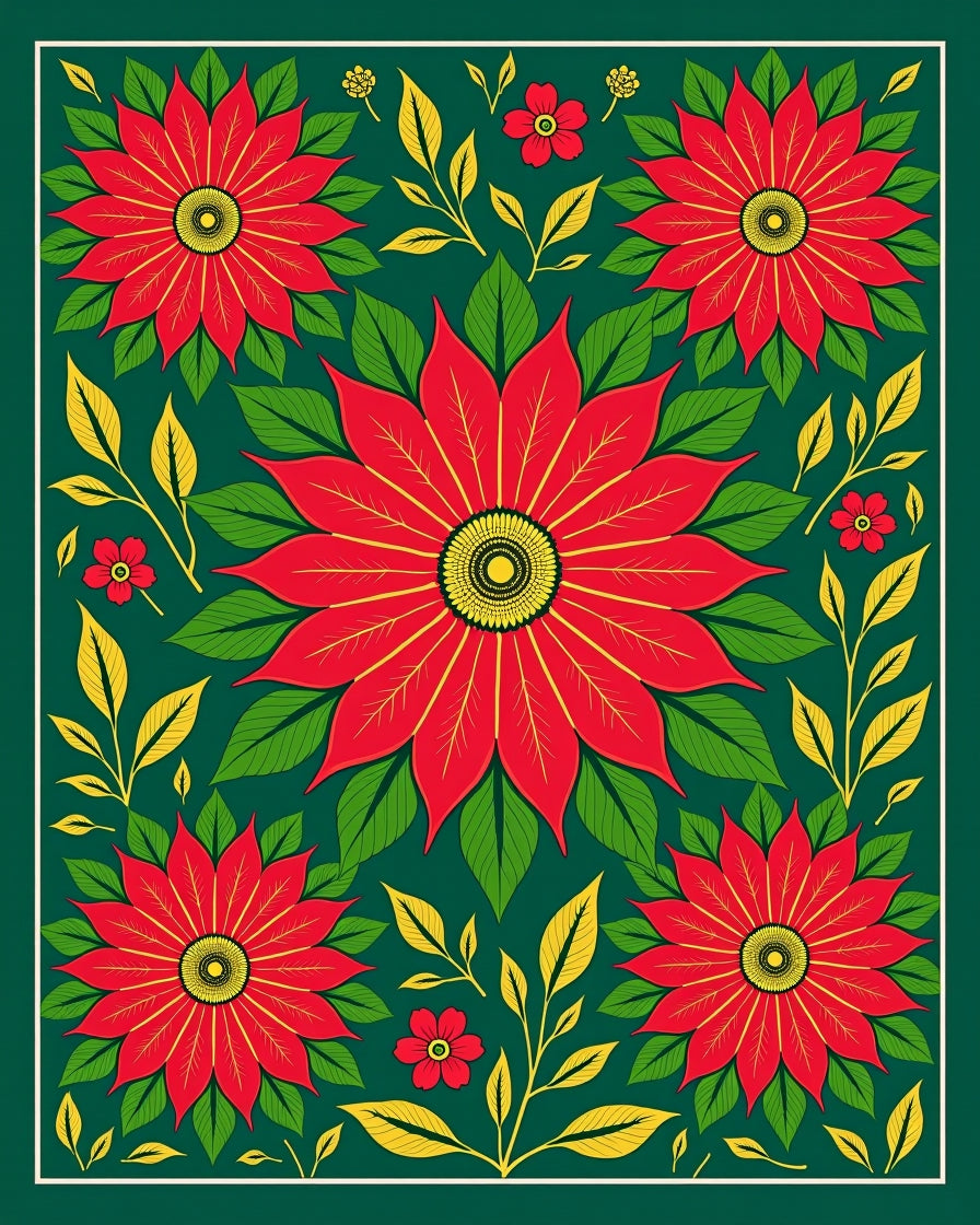 Vibrant Red Poinsettia Floral Foliage Rug