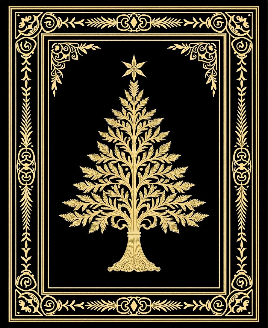 Golden Christmas Tree Ornate Border Rug