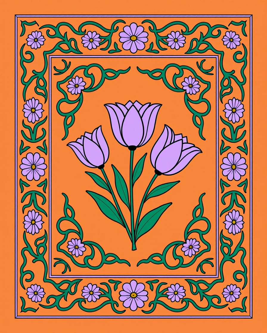 Orange Floral With Green Vine Border Rug