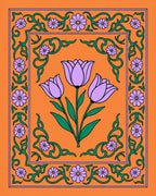 Orange Floral With Green Vine Border Rug