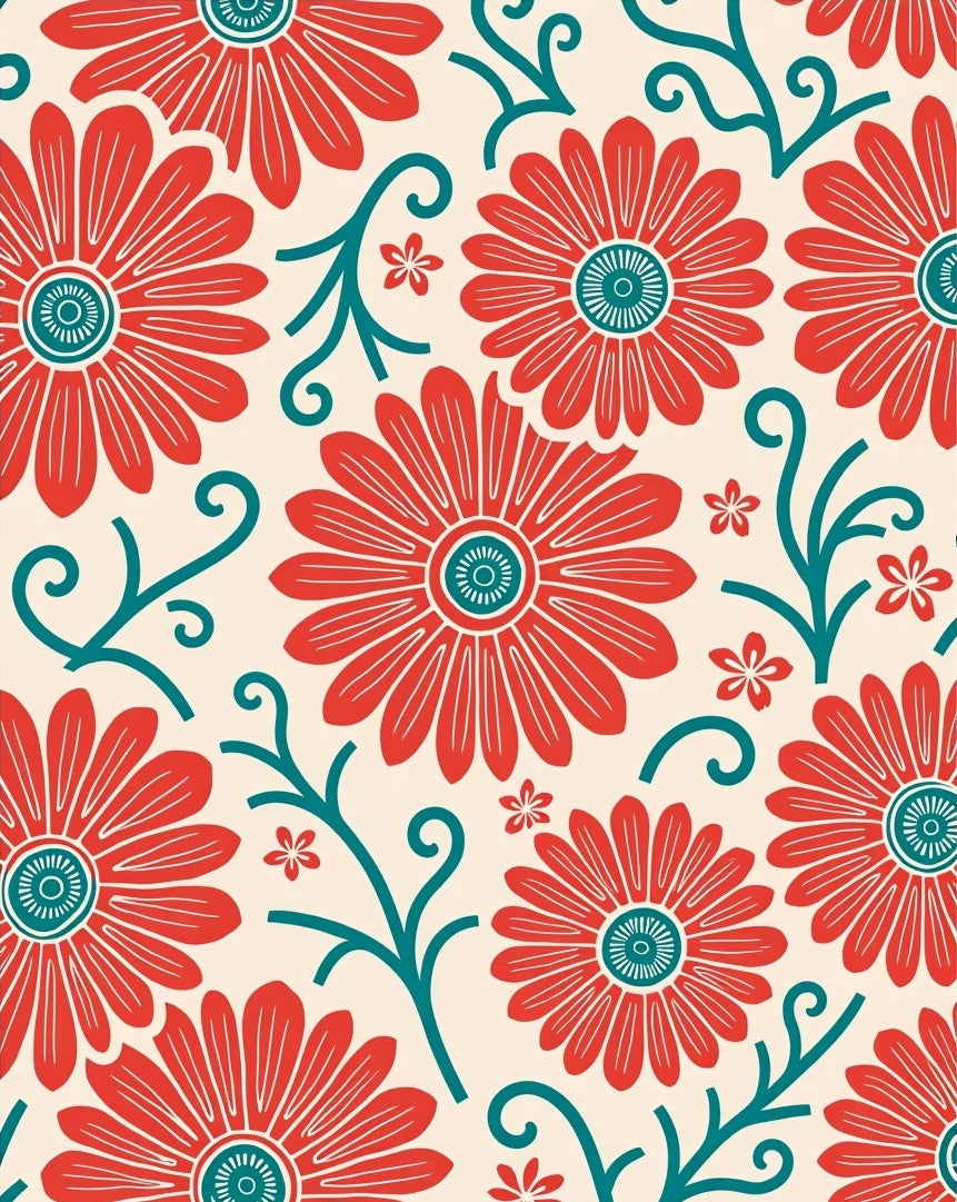 Retro Red Teal Floral Pattern Rug