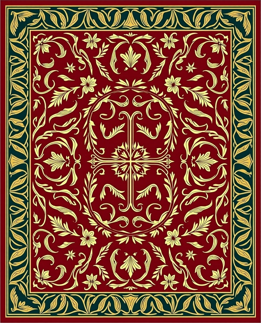 Rich Burgundy Gold Floral Botanical Rug