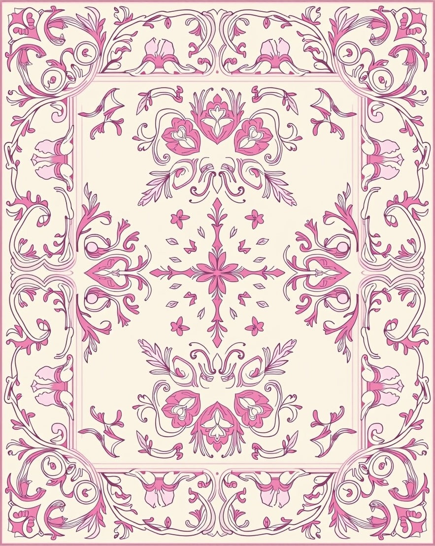 Pink Floral Scrollwork Border Design Rug
