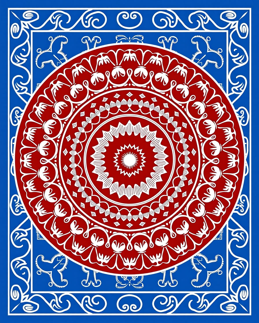 Red Mandala With Blue Border Design Rug