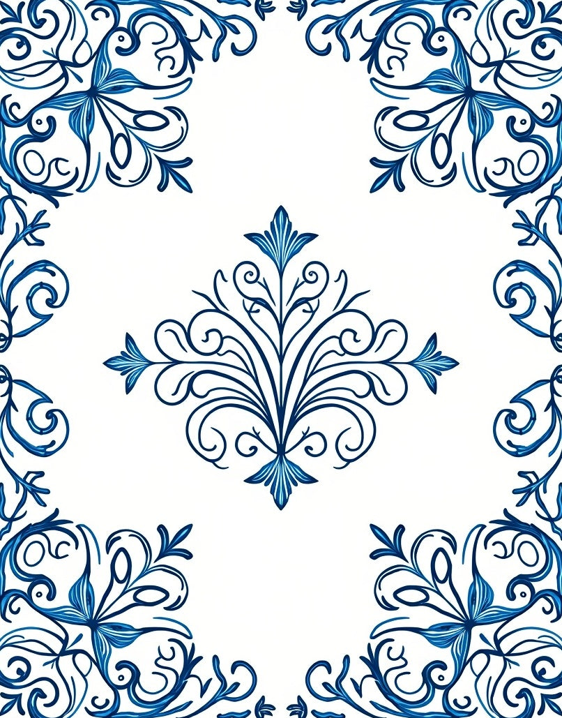 Blue Baroque Scrollwork Pattern Rug