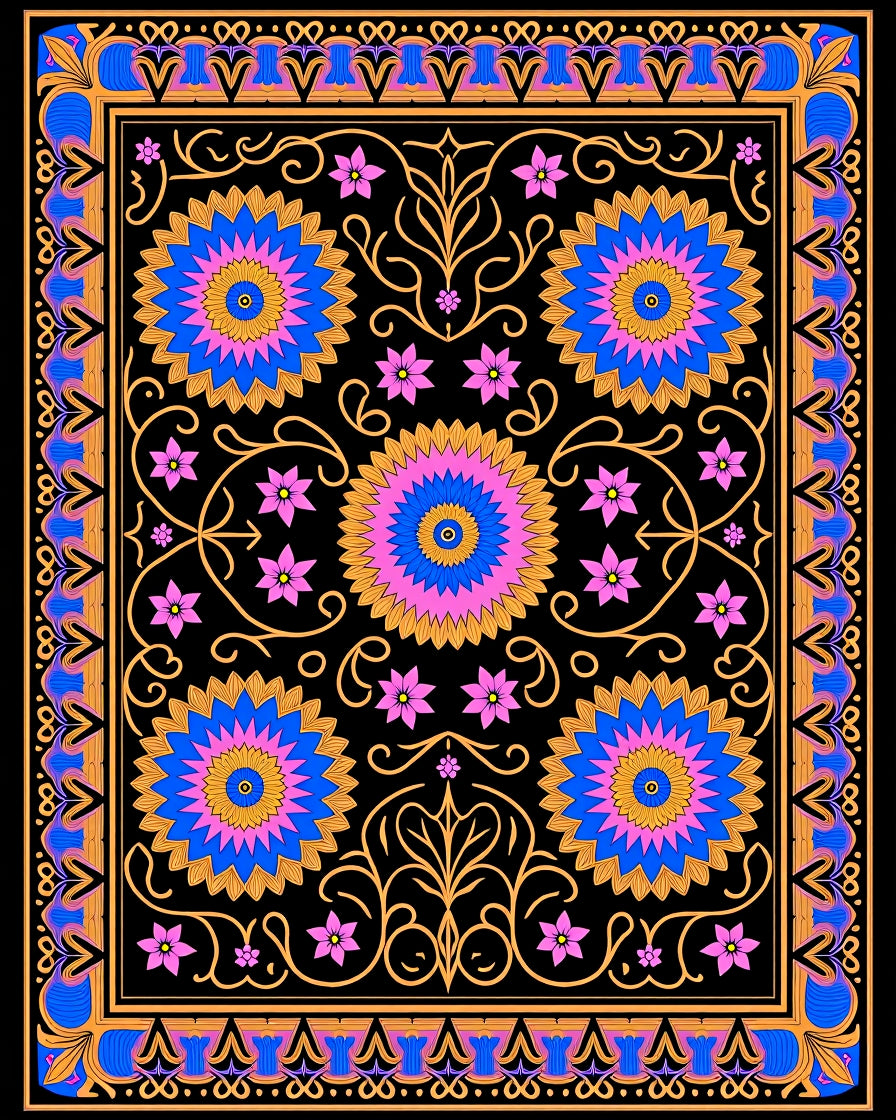 Vibrant Floral Medallion Black Pattern Rug