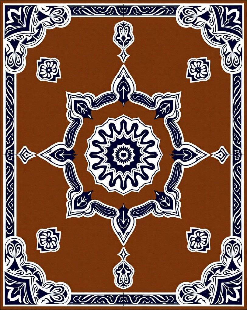 Intricate Starburst Brown Blue Ornament Dye Design Rug