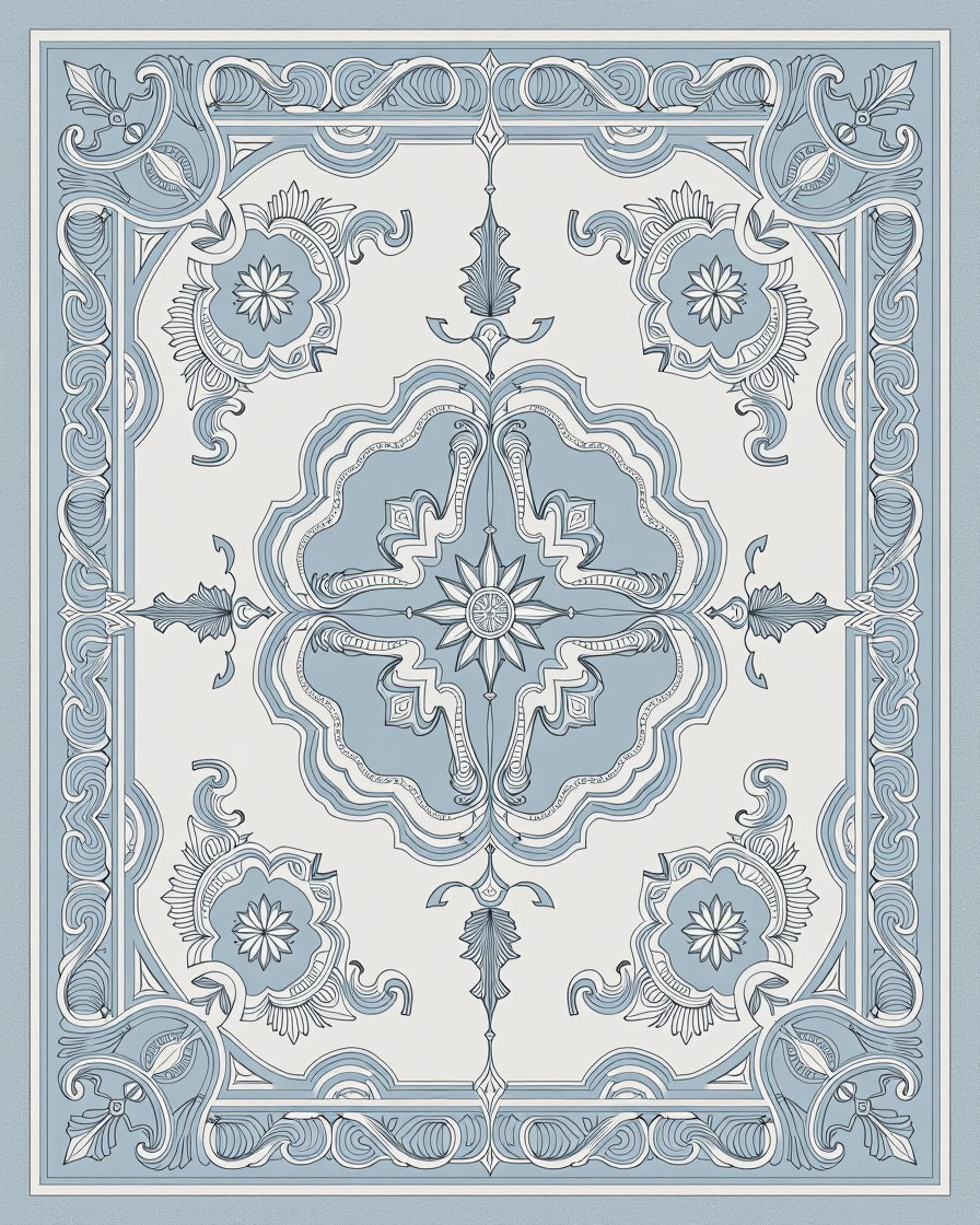 Ornate Blue Floral Symmetry Rug