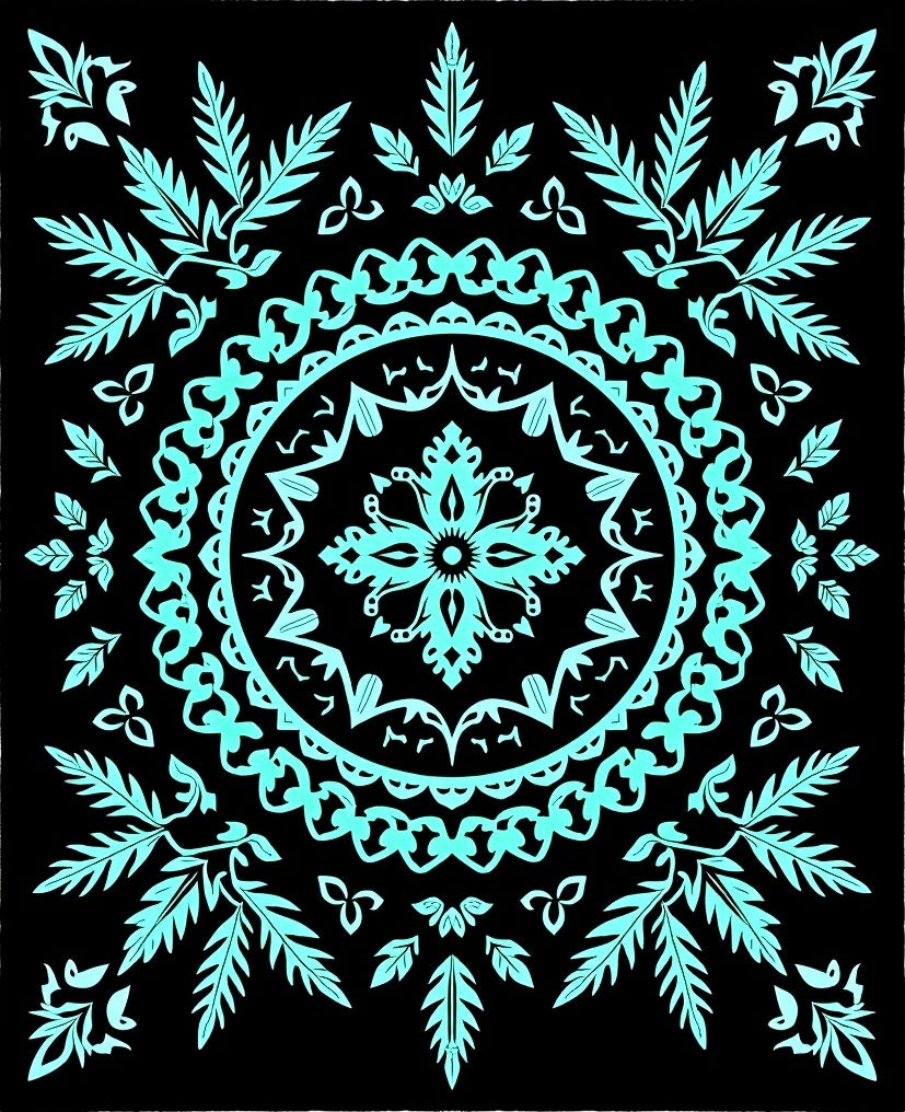 Cyan Mandala Leaf Patterned Rug