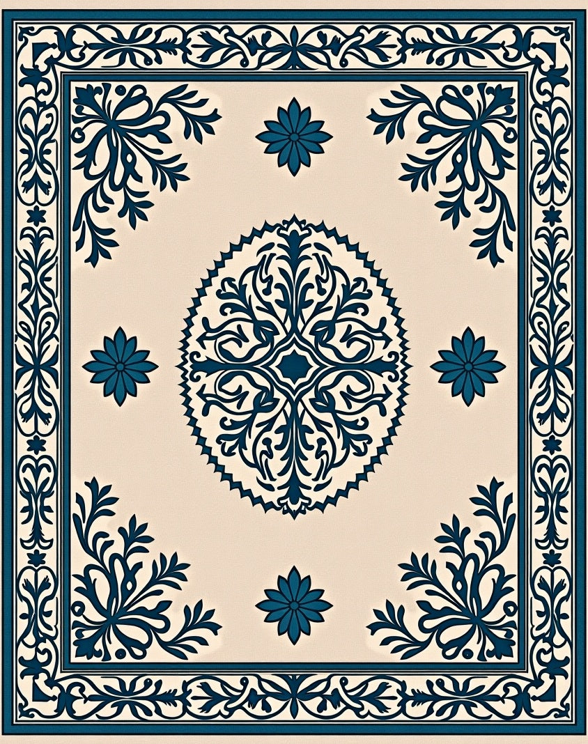 Classic Blue Floral Border Medallion Design Rug