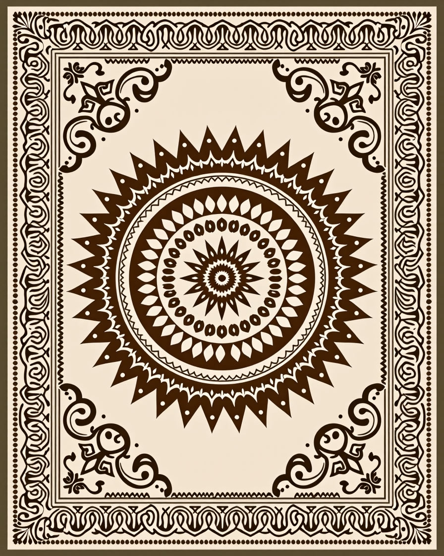 Ornate Mandala Round Border Design Rug