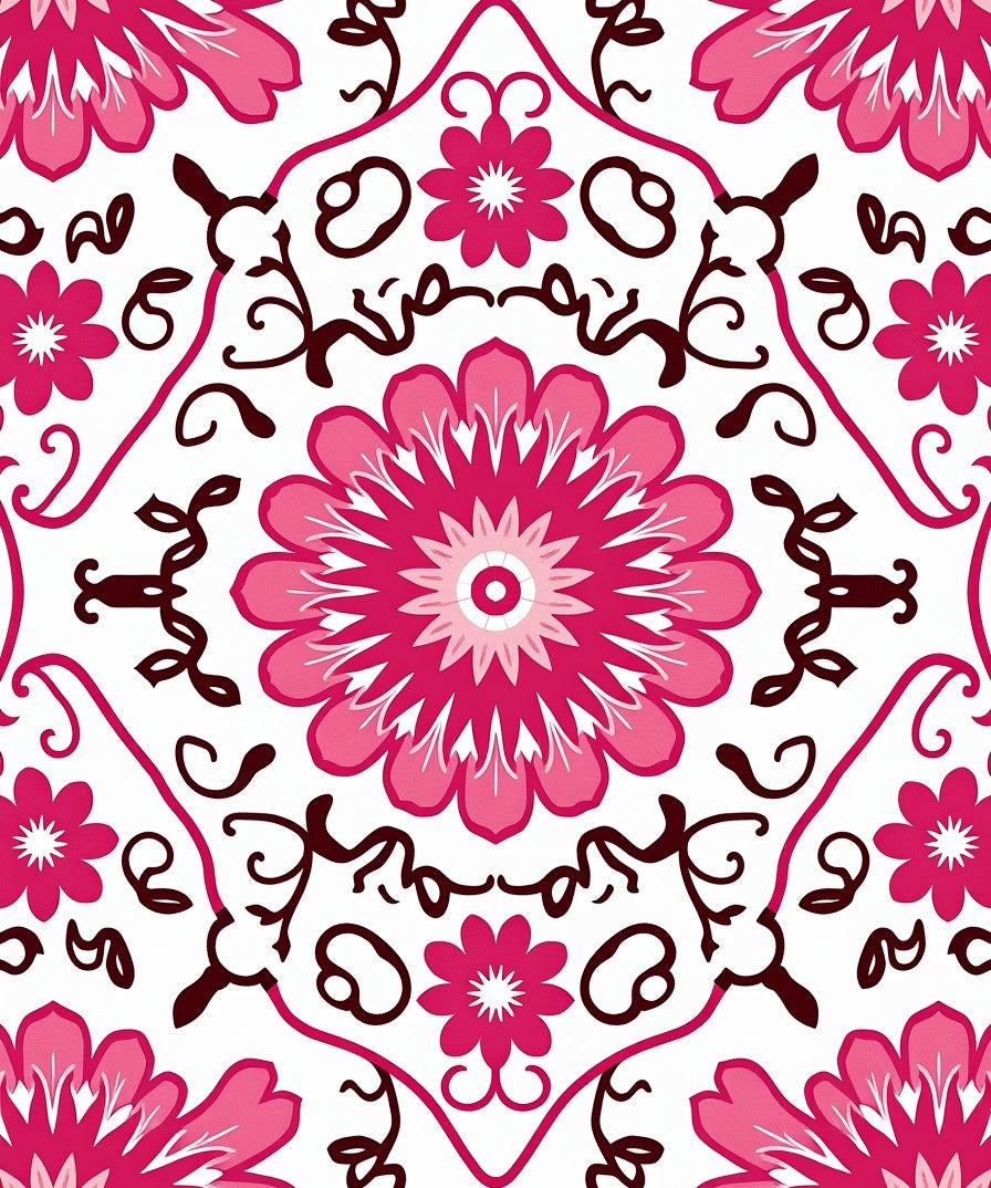 Bold Floral Pink White Medallion Design Rug