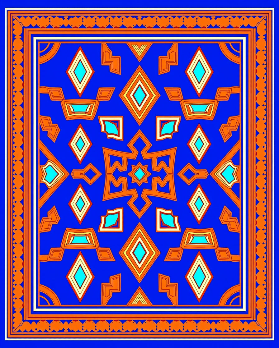 Vibrant Blue Orange Geometric Medallion Rug
