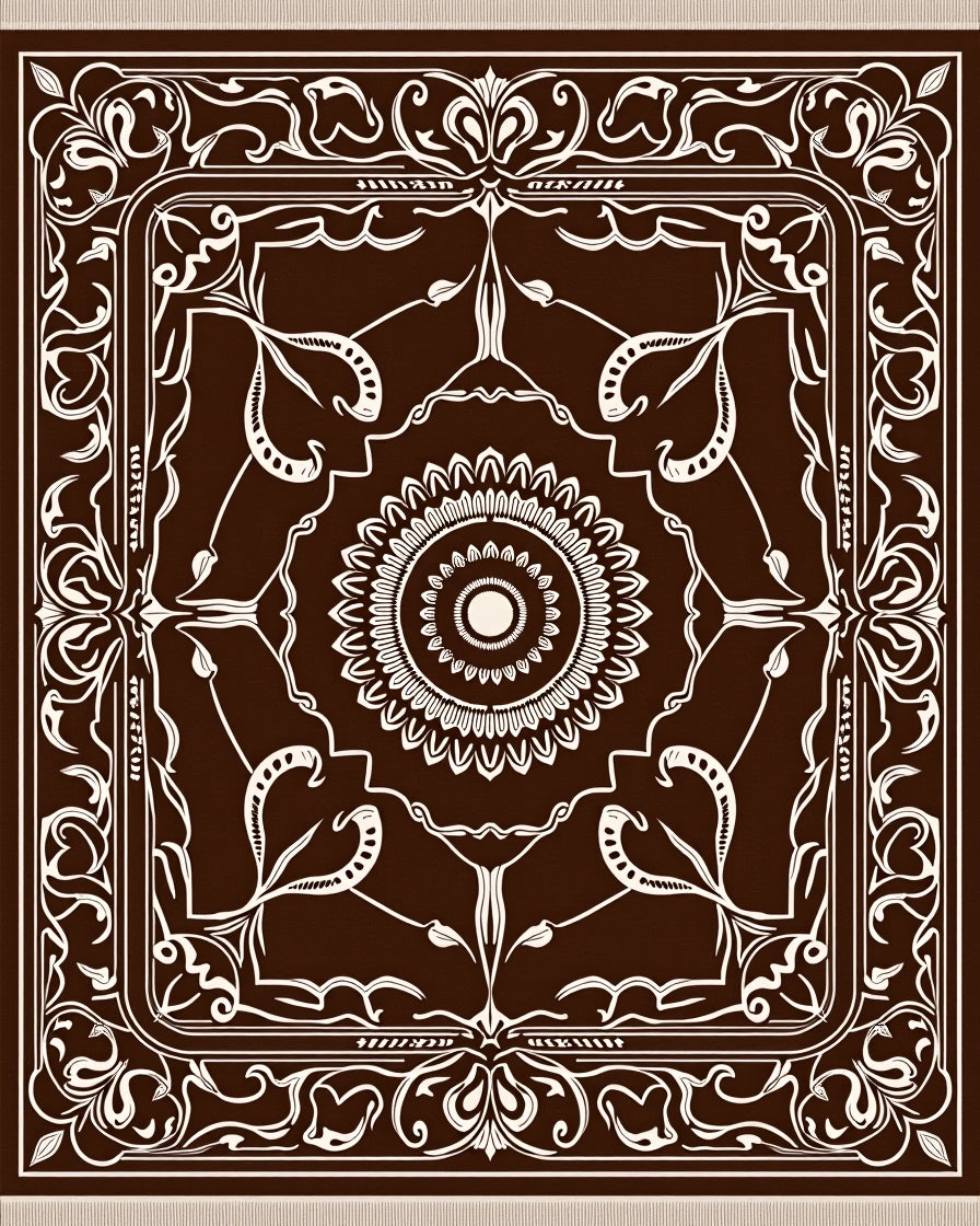 Dark Brown White Floral Mandala Rug