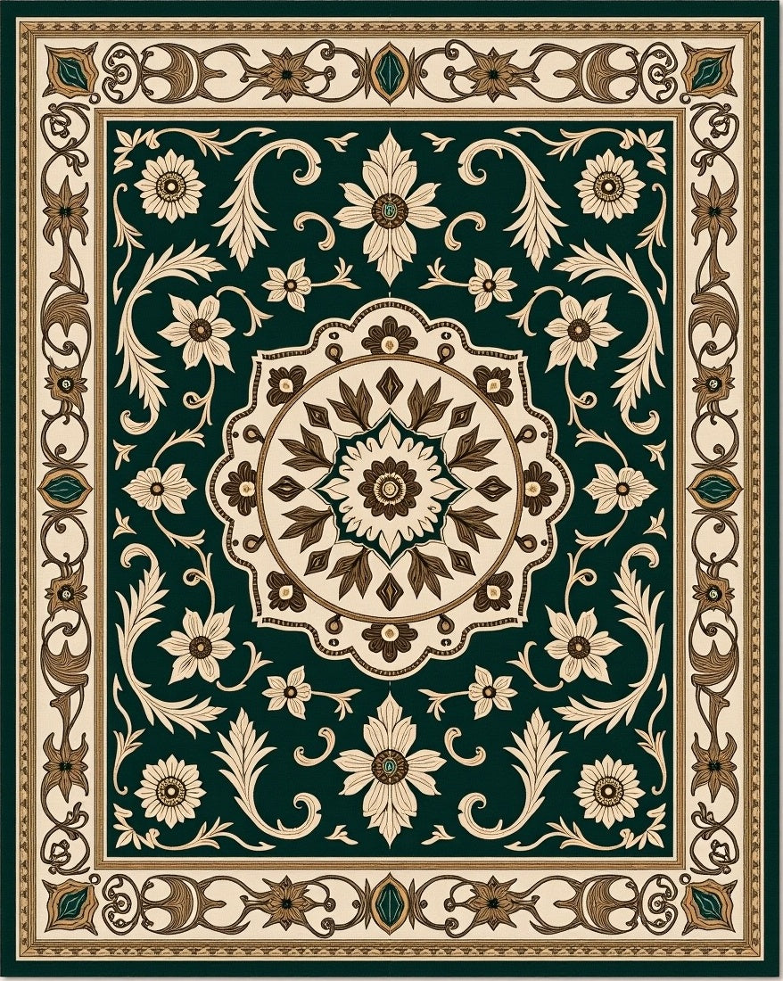 Ornate Floral Border Medallion Rug