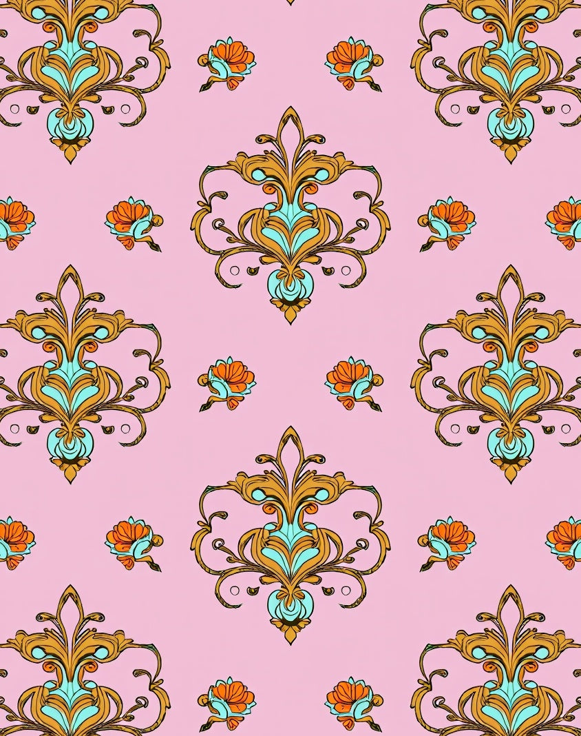 Pink Ornate Floral Gold Turquoise Pattern Rug