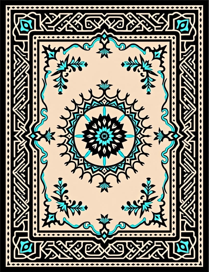 Black Teal Cream Geometric Medallion Rug